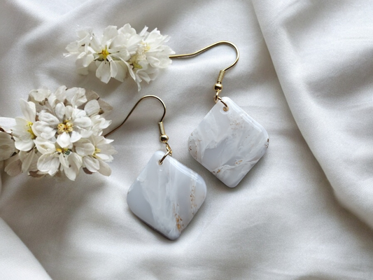 Marbled White and Gold Hypoallergenic Earrings | 18K Gold plating